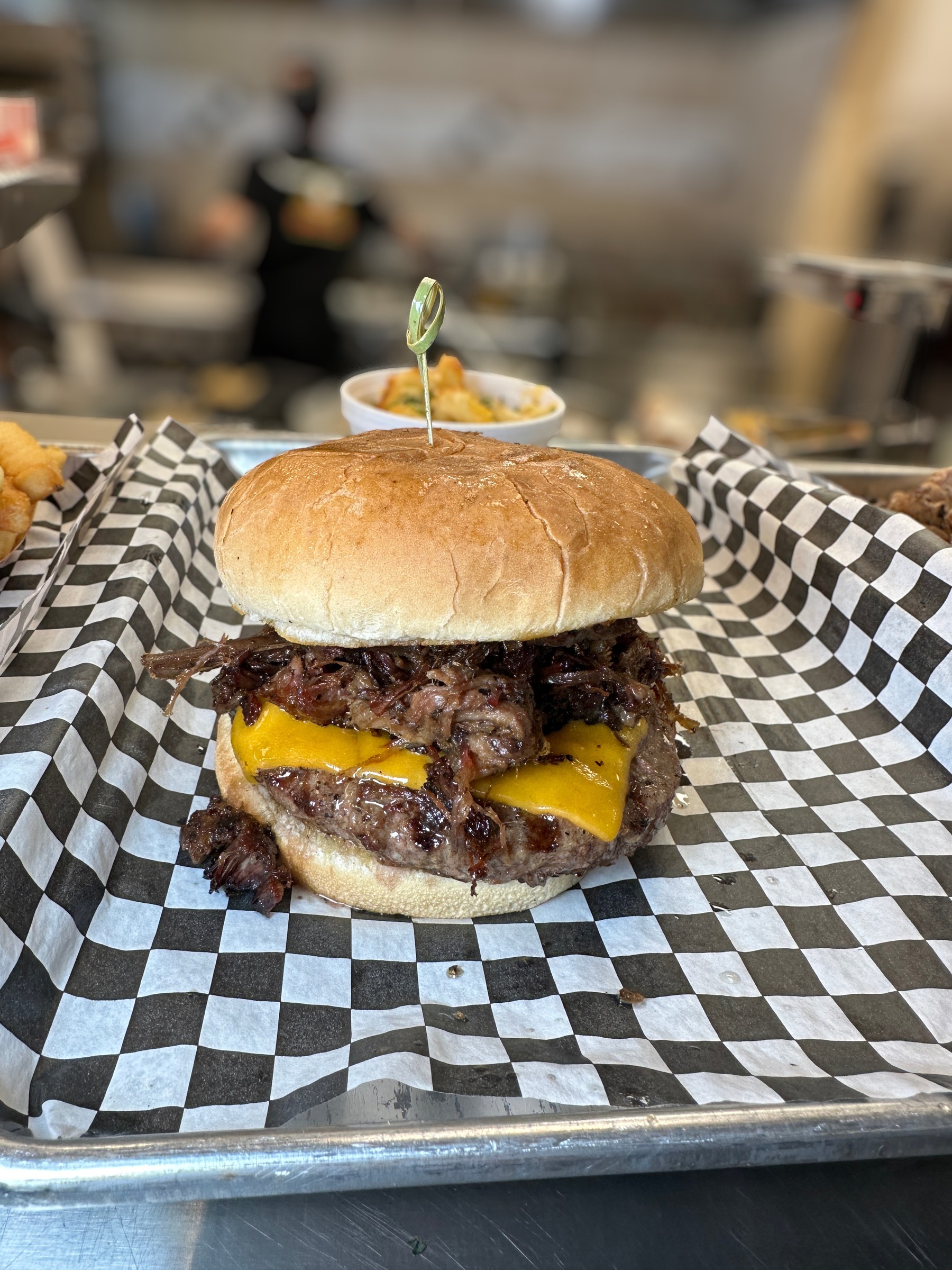BubbaQue burger with cheese and smoked meat