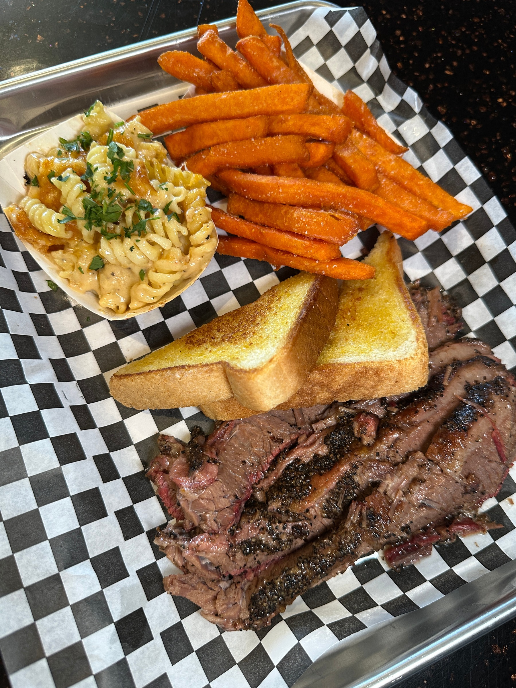BBQ plate with toast and fries